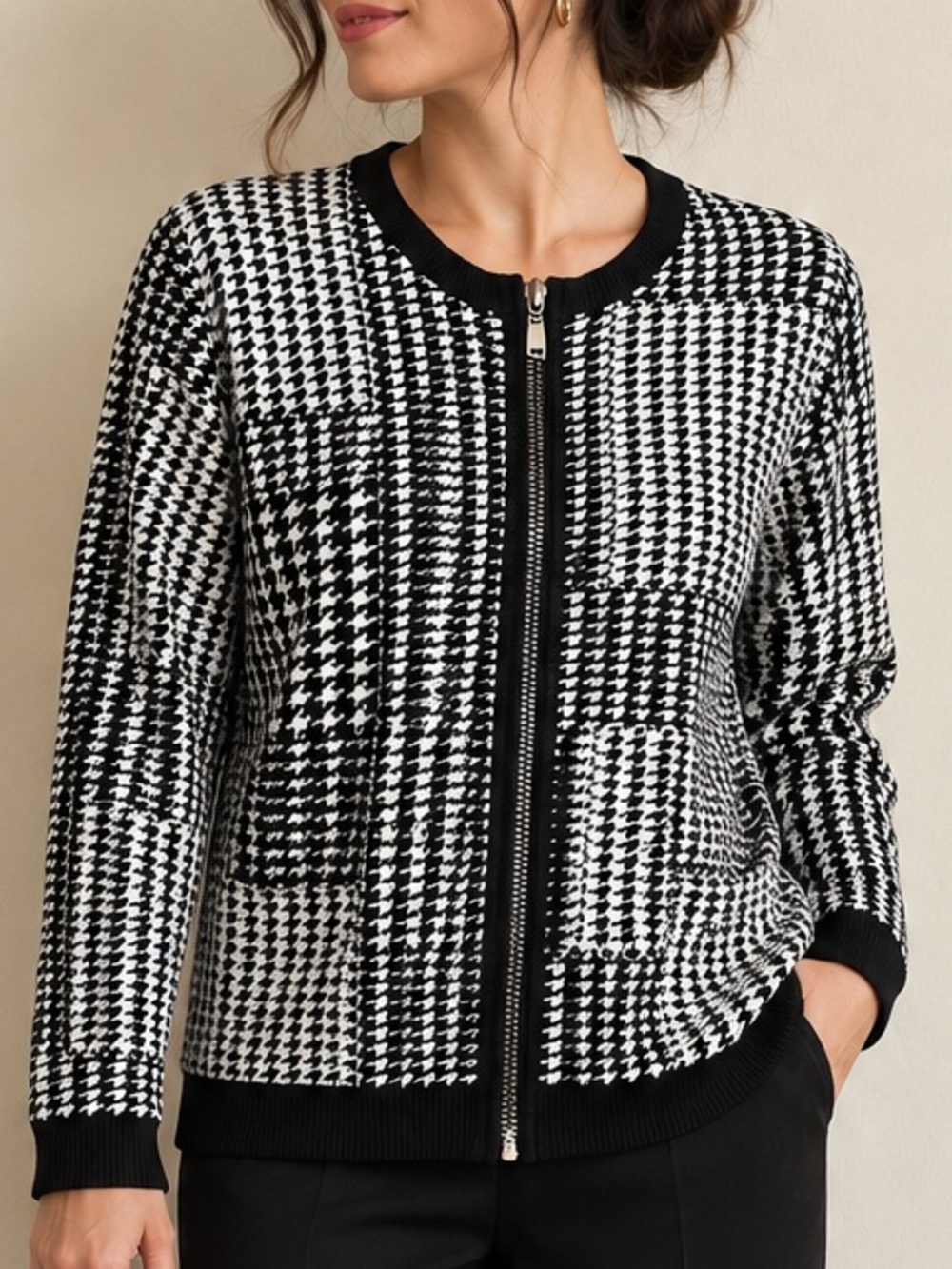 Punt Roma Black & White Houndstooth Zip Cardigan Sweater Jacket
